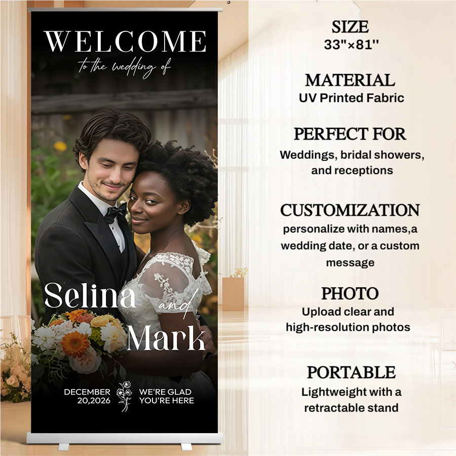 Customized wedding retractable banners - personalized photo wedding welcome signs, reception decorations and background curtains